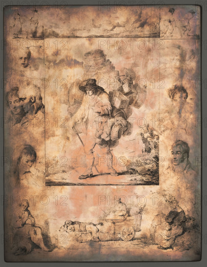 Basket maker; Michal Plonski (1778–1812), graphic artist. Engraving, 1805. Graphic plate (matrix). Height 30 cm, width 23 cm. Depicts basket makers (craftsmen) and conversations among men, women, children; includes dogs, landscapes, wicker, portraits (children, men, women), beggars, genre scenes and illustrative/portrait elements. Plonski created the engraving for Recueil de 19 planches études des figures dessinées d'après nature, engraved à l'eau-forte; he produced the engravings abroad (Netherlands, Paris) around 1800 and made graphic copies after Rembrandt and reproductions of Dutch paintings.