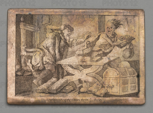 Ah! mana pyninga. (The Miser and Death). Czerski, Stanislaw (1777–1833), graphic artist. Moralizing scene depicting rich men, chests, coins, scales, keys, and Death (personification); the engraving was made by Father Stanislaw Czerski in Salanty in Samogitia. As a parish priest, with the help of a young assistant he engraved images of saints with Samogitian inscriptions for his parishioners. Date: 1822–1832. Medium: engraving/graphic; graphic matrix/plate. Dimensions: height 6.7 cm, width 9.6 cm.