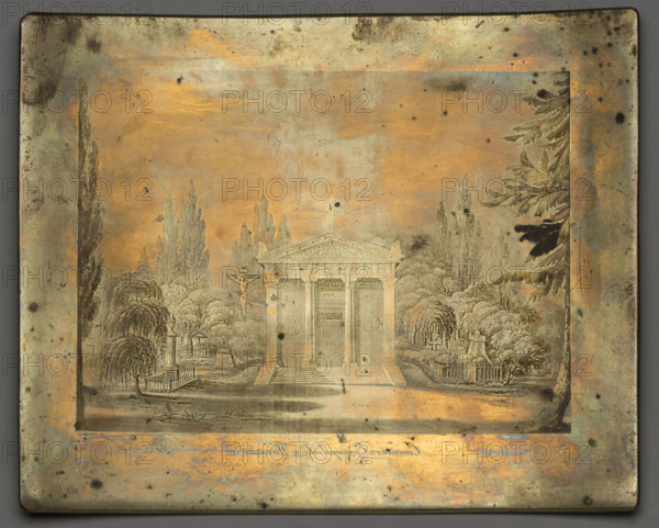 View of the Evangelical Cemetery in Warsaw. Dietrich, Fryderyk Krzysztof (1779–1847), graphic artist. Subjects: cemeteries, Warsaw (Masovian Voivodeship), trees, crucifixes, cemetery chapels, graves, Evangelical Cemetery of the Augsburg Confession (Warsaw). Date: 1835. Medium: graphic, graphic matrix/plate. Dimensions: height 17.2 cm, width 21.2 cm.