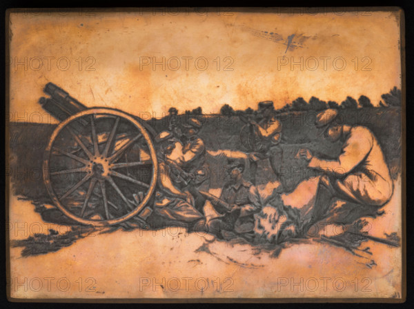 Artillery exercises; Ignacy Lopienski (1865–1941), graphic artist; ca. 1930; graphic plate; graphic; subject: artillery, army; height 19.9 cm, width 26.9 cm