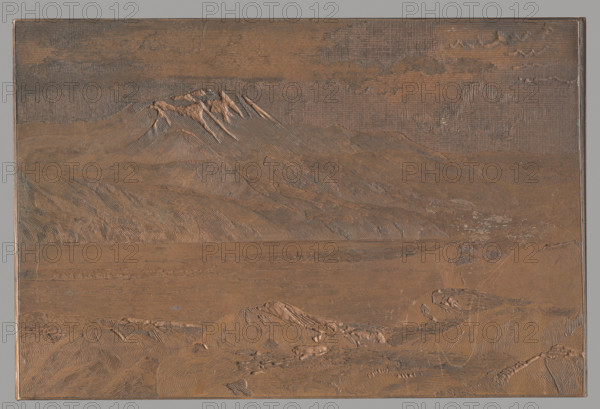 Mountains by the lake, graphic artist Witke-Jezewski, Dominik (1862–1944), mountains, landscapes, after 1900, graphic, graphic matrix, height 8.1 cm, width 12.2 cm, thickness 0.5 cm