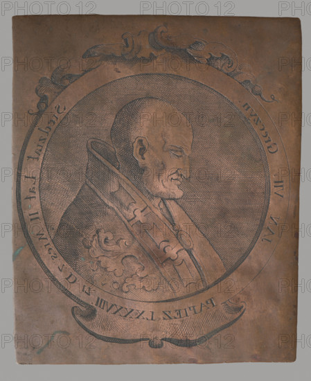 Pope John VII; Innocenty Nowicki (fl. 17..-17..), graphic artist. Subject: John VII (pope; ?–707) — male portrait, tonda, bust in a circle decorated with rocaille ornament; popes, Catholic clergy, iconography. Inscription/biographical note: Born in Rossano (Calabria). Elected 1 March 705; died 18 October 707. Historical detail: He did not agree to conditions set by Justin II, who in response started pogroms and massacres, leading Latin nations and Italy to break away from the Eastern Empire. Date: 2nd half 18th century. Medium: graphic; graphic matrix/plate. Dimensions: height 13 cm; width 10.7 cm; thickness 0.1 cm.