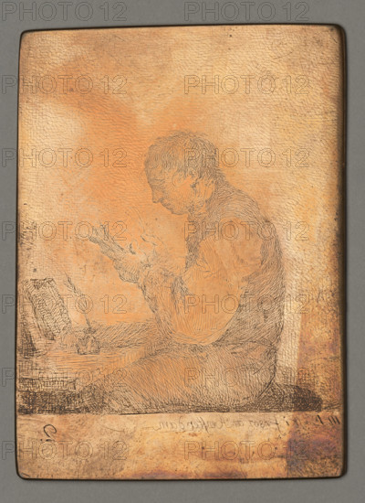 Boy sitting at a table, reading a book; Plonski, Michal (1778–1812), graphic artist; Witke-Jezewski, Dominik (1862–1944); reading (genre scene), human types, genre scenes, character studies, children, boys, inkwells; 1802, Amsterdam; graphic; graphic matrix/plate; height 8.4 cm, width 6.1 cm