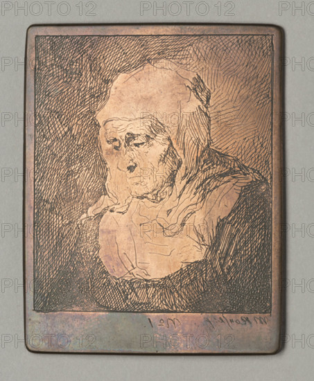 Bust of an old woman in a white bonnet, Plonski, Michal (1778–1812), graphic artist; Witke-Jezewski, Dominik (1862–1944); human types; old women; head studies; female head studies; bonnets; physiognomic studies; women; ca. 1800; graphic; graphic matrix/plate; height 6.2 cm; width 4.1 cm