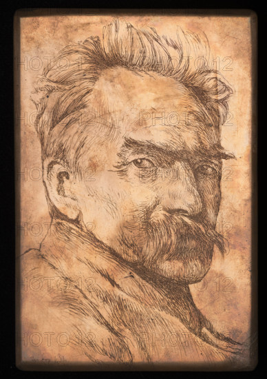 Portrait of Józef Pilsudski, Lopienski, Ignacy (1865–1941), graphic artist; Pilsudski, Józef (1867–1935) — iconography; Czerwinska-Krukowa, Magdalena; male portraits, portraits; Head turned to the right; 1937, Warsaw, Poland; graphic; graphic plate; height 15 cm; width 10 cm
