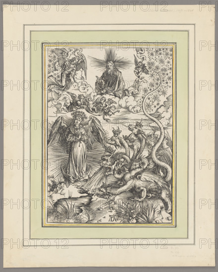 The Apocalyptic Woman; Dürer, Albrecht (1471–1528), graphic artist; religious scene from the Apocalypse of St. John (New Testament); God the Father; 1511; graphic; height 39.0 cm, width 27.5 cm