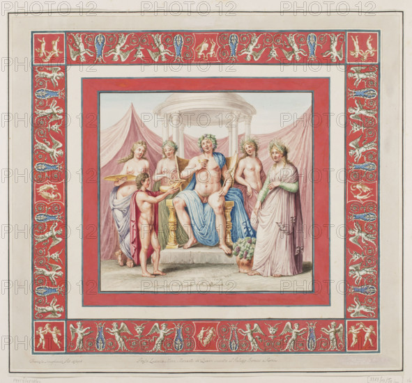 Vestigia delle Terme di Tito. Vault decoration of room 25, Carlone, Marco (1742-1796), graphic artist; Smuglewicz, Franciszek (1745-1807), draughtsman; Brenna, Vincenzo (1741-1820), draughtsman; Mirri, Ludovico (1738-1786), publisher. Ancient architecture; traces (archaeological); traces of decoration; Rome (Italy). Bacchus (mythology)/Dionysus (mythology); Golden House of Nero (Rome); Baths of Titus (Rome). Vestigia delle Terme di Tito, 1776 — illustration; Italian graphics; antiquity; archaeology; mythology. Plate marked no. 27, in the graphic album sheet 12. Vault decoration in room 12 called (Pinot 8) in fondo rosso con gli arabeschi; in the central field Bacchus enthroned (cf. Quadro plate no. 13); in the four corners, panels depicting events from the life of Bacchus, presented separately on plates 14–17 as monochrome compositions. Rome, 1776, colored graphic print. Height 53.6 cm; width 57.8 cm.