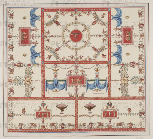 Vestigia delle Terme di Tito. Vault decoration in room 13. Carlone, Marco (1742–1796), graphic artist; Smuglewicz, Franciszek (1745–1807), draughtsman; Brenna, Vincenzo (1741–1820), draughtsman; Mirri, Ludovico (1738–1786), publisher. Ancient architecture, traces (archaeol.). Golden House of Nero (Rome); Baths of Titus (Rome). Masks, head of Medusa, grotesques (ornament). Vestigia delle Terme di Tito, 1776 — illustration; Italian graphic art; antiquity; archaeology. Board marked no. I.12; in the graphic album page 55, 1776, Rome. Colored graphic print; height 29.6 cm, width 55.7 cm.