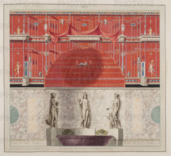 Vestigia delle Terme di Tito. Wall decoration in room 25, Carlone, Marco (1742-1796), graphic artist; Smuglewicz, Franciszek (1745-1807), draughtsman; Brenna, Vincenzo (1741-1820), draughtsman; Mirri, Ludovico (1738-1786), publisher. Ancient architecture, archaeological traces, decoration traces, Rome; Golden House of Nero (Rome); Baths of Titus (Rome); wall decorations; Bacchantes (mythology). Vestigia delle Terme di Tito, 1776 — illustration; Italian graphic art; Italian; antiquity; archaeology. Board marked no. 15; in the graphic album page 7, 1776, Rome. Colored graphic print; height 53 cm, width 58.1 cm.
