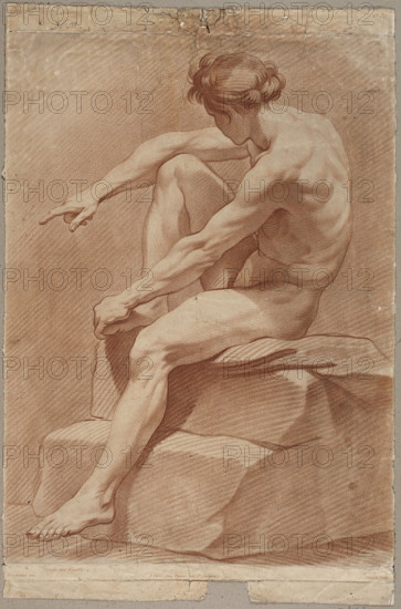 Study of a Seated Male Nude; Bonnet, Louis Marin (1736–1793), graphic artist; after Bouchardon, Edmé (1698–1762), graphic artist. Reproductive graphic print in the maniére de crayon/pastel technique, academic study (male nude study), before 1793, Paris. Graphic print, height 53.0 cm, width 37.0 cm. WQXBCFS
I:\nmw crop ready cleaned\ WQXBCFS
I:\nmw crop ready cleaned\Notes about the artist: Louis Marin Bonnet, French engraver and pastelist, student of Jean-Charles François and Gilles Demarteau, developed and expanded the crayon (maniére de crayon) technique and the maniére du pastel; published Le Pastel en gravure (1769) and a printed catalogue of his engravings; worked in St. Petersburg 1765–1768 creating portraits including Catherine II. The engraving reproduces a drawing by Edmé Bouchardon, noted for clear, precise draughtsmanship and academic sanguine studies often used by engravers in the maniére de crayon.