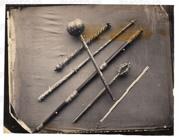 Signs of dignity (staff of the Grand Marshal of the Crown with the numeral of Jan III Sobieski, mace of Stanislaw Jablonowski, baton of Jan Tarnowski, sceptres of Stanislaw Leszczynski and August II). Photograph, 1858–1859. Photographic print, height 29.3 cm, width 22.2 cm. Photographer: Karol Beyer (1818–1877).