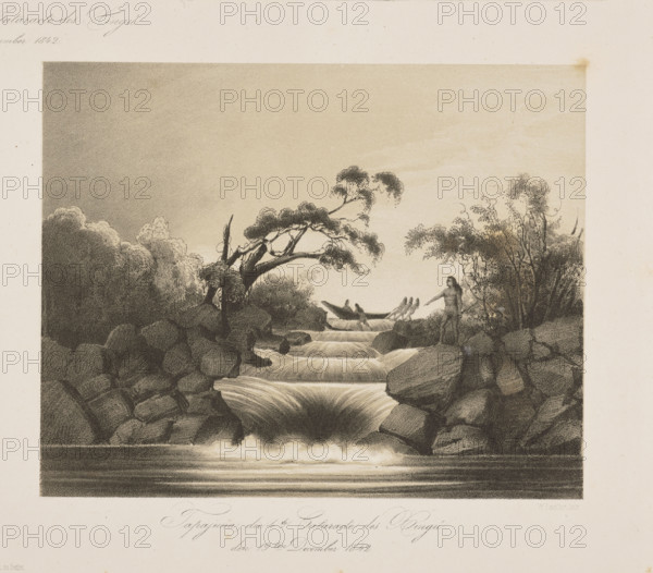 1) Jurua, First Cataract on the Xingu River, December 17, 1842; 2) Acahi-teua, Third Cataract on the Xingu River, December 19, 1842; 3) Tapajuna, the Fourth Cataract on the Xingu River, December 19, 1842. Lithographs by Wilhelm Loeillot after Adalbert, Prince of Prussia (1811–1873), 1847. Subjects: South America — Brazil; rivers, waterfalls, rocks, boats, indigenous people; travel illustrations. Graphic print, album sheet. Sheet: height 50.9 cm, width 35.2 cm. Compositions: 13.0 × 41.7 cm; 14.8 × 18.4 cm; 14.8 × 18.5 cm.