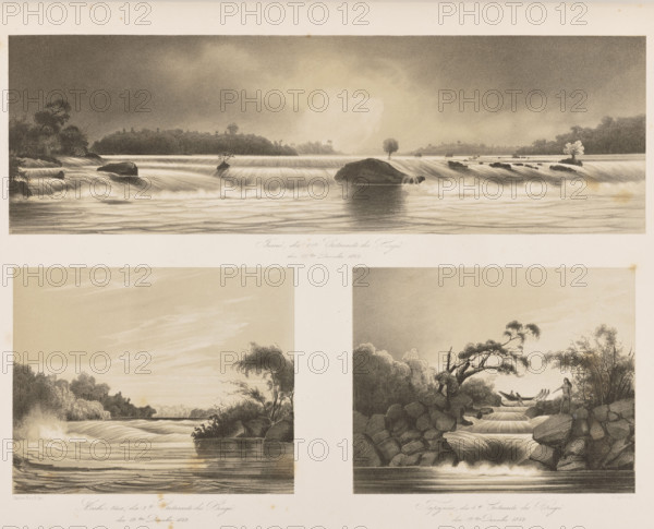 1) Jurua, First Cataract on the Xingu River, December 17, 1842; 2) Acahi-teua, Third Cataract on the Xingu River, December 19, 1842; 3) Tapajuna, the Fourth Cataract on the Xingu River, December 19, 1842. Lithographs by Wilhelm Loeillot after Adalbert, Prince of Prussia (1811–1873). South America, Brazil; travel lithographs depicting boats, rivers, waterfalls, rocks, and Indigenous people. 1847. Graphic print, album sheet; overall: height 50.9 cm, width 35.2 cm; compositions: 13.0 × 41.7 cm; 14.8 × 18.4 cm; 14.8 × 18.5 cm.