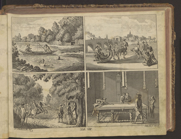 Pastimes of youth and young people: a) canoe and fishing, bathing and swimming; b) sleighing, tobogganing, ice skating; c) walking, horseback riding and carriage riding; d) playing billiards – player, spectator and attendant. Graphic artist: JF Schuster (fl. ca. 1769–177.). Draughtsman: Daniel Nicolaus Chodowiecki (1726–1801). Publisher: Siegfried Leberecht Crusius (1738–1824). Illustrations, genre scenes. Basedow, Johann Bernhardt von (1724–1790). Elementarwerke. German. Boats, interiors, sleighs, carriages, horses, meetings (genre scenes), clocks, games, buildings, men, women, bridges, children, baths, play. Plate VII from the series Collection of Elementary Works for the Youth and Their Friends. First Lieferung in 53 Plates. Second Lieferung in 47 Plates from L to XCVI. Berlin and Dessau 1774, 1769–1774; Leipzig 1785. Graphic print. Height 18.1–18.9 cm, width 23.5–24.3 cm.