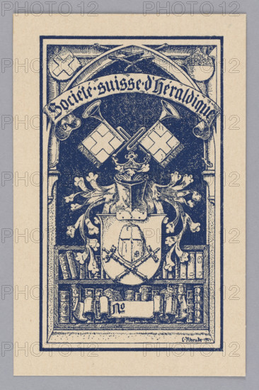 Heraldic bookplate (1901) by Lorenz Max Rheude (1863–1939) and Dominik Witke-Jezewski (1862–1944). Graphic print, 11.3 × 6.6 cm. Depicts coats of arms, trumpets, heraldic helmets, banderole; relates to heraldry, books, libraries, furniture; Swiss.