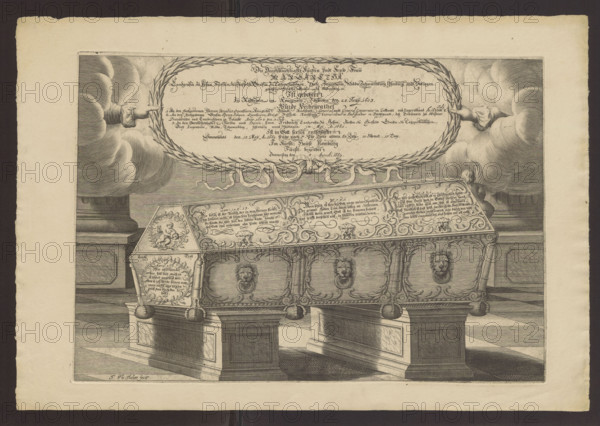 Sarcophagus of Margareta Brahe, Duchess of Hesse-Homburg; engraver: Johann Philipp Thelott (1638–1671), German; subject: coffins, vanitas (allegory); person: Margareta Abrahamsdotter Brahe (Duchess of Hesse-Homburg; 1603–1669); date: after 1669; place: Frankfurt am Main; medium: graphic; dimensions: height 32 cm, width 45.2 cm.