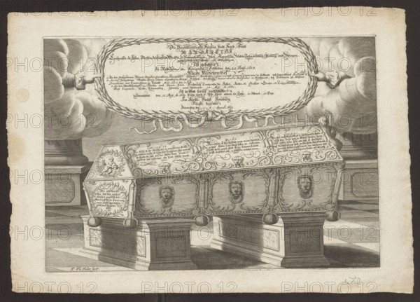 Sarcophagus of Margareta Brahe, Duchess of Hesse-Homburg; engraving by Johann Philipp Thelott (1638–1671), German; depicts coffins and hourglasses; Margareta Abrahamsdotter Brahe (Duchess of Hesse-Homburg; 1603–1669); after 1669; print; 32 cm × 45.2 cm.