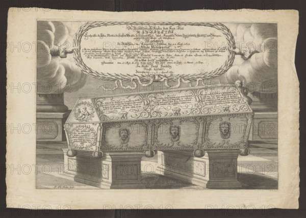 Sarcophagus of Margareta Brahe, Duchess of Hesse-Homburg; Johann Philipp Thelott (1638–1671), engraver; coffins; German; Margareta Abrahamsdotter Brahe (Duchess of Hesse-Homburg; 1603–1669); Sweden; after 1669; print; height 32 cm; width 45.2 cm
