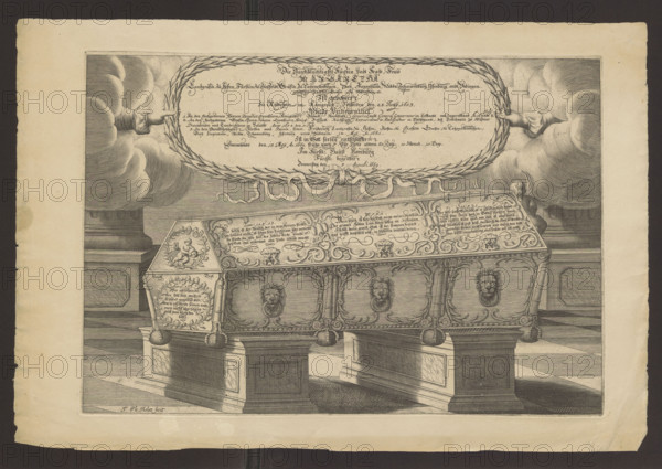 Sarcophagus of Margareta Brahe, Duchess of Hesse-Homburg; engraved by Johann Philipp Thelott (1638–1671); coffins; German; vanitas (allegory); Margareta Abrahamsdotter Brahe (Duchess of Hesse-Homburg; 1603–1669); hourglasses (clocks); skulls; Sweden; after 1669; print; height 32 cm; width 45.2 cm
