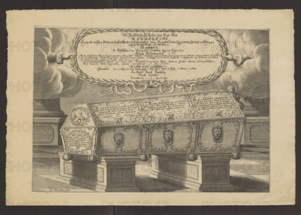 Sarcophagus of Margareta Brahe, Duchess of Hesse-Homburg; Thelott, Johann Philipp (1638–1671), engraver; coffins; German; Brahe, Margareta Abrahamsdotter (Duchess of Hesse-Homburg; 1603–1669); Sweden; vanitas (allegory); after 1669; print; height 32 cm; width 45.2 cm