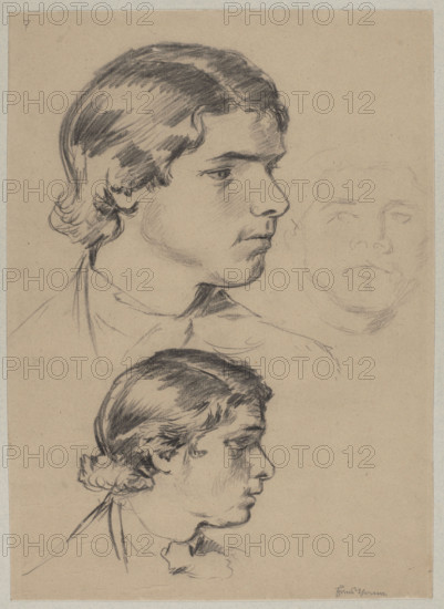 Three studies of the head of a young man, ca. 1882, Hans Thoma (1839–1924), drawing, Germany; height 46.7 cm, width 33.5 cm.