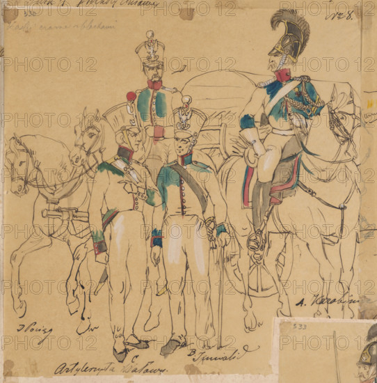 Artilleryman, war invalid and carabiniere, tracing from a colour lithography in the album 'Polish Army. Collection of all types of the Polish army in 1831'; Czachórski, Wladyslaw (1850–1911); Simon, Karol Antoni (lithographic workshop; 1819–1841), publisher; Mielcarzewicz, Teofil (1807–1879); tracings; Polish drawings; uniforms; weaponry; historical monuments; pattern books; invalids; carabinieri; Polish soldiers; costume studies; after 1870, Munich; drawing in an album; drawing, watercolor; height 18.0 cm, width 18.2 cm