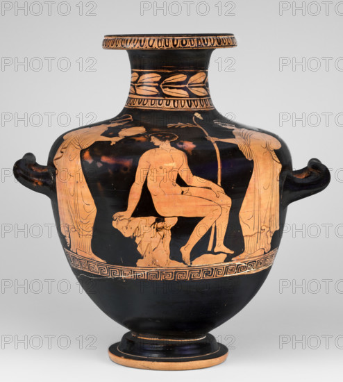 Red-figure hydria, Amycus Painter (c. 420–410 BC), Greek pottery; hydria on a high profiled foot, weight 2.056 kg, Lucania; red-figure decoration. The belly widens evenly toward broad, slightly sloping shoulders and a neck terminating in a wide profiled rim. The neck is decorated with an ovoid at the base and a band of leaves above; the ovoid also surrounds the edge of the rim. The figurative scene on the belly and shoulders, above a meander band, shows a naked youth seated on a rock at the center. A male figure in profile turns back, leaning on a rock with his right hand, left hand on his left knee; the youth is slender with defined musculature. The ephebe is flanked by two women in lavish robes: the woman to his left holds a mirror reflecting the youth; the woman on the opposite side holds a long branch topped with leaves in her right hand. Dating: 420–400 BC (previously dated 420–410 BC).