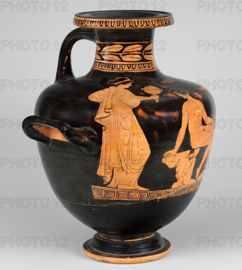 Red-figure Hydria, Amycus Painter (c. 420–410 BC), author. Red-figure hydria on a high, profiled foot. The belly of the vase widens evenly toward broad, slightly sloping shoulders, from which rises a neck terminating in a wide, profiled rim. The neck is decorated with an ovoid at the base, above which is an ornament in the form of a band of leaves; the ovoid also surrounds the edge of the vessel's rim. The figurative representation is on the front of the vessel, on the belly and shoulders, above a band with a meander ornament. In the center is a naked youth seated on a rock. A male figure, shown in profile, turns back, leaning against a rock with his right hand; his left hand rests on his left knee. The youth is slender with clearly defined muscles. He is flanked by two female figures in lavish robes. The woman to his left holds a mirror, into whose reflection the youth gazes; on the opposite side, a woman holds a long branch topped with leaves in her right hand. Both females hold thei...