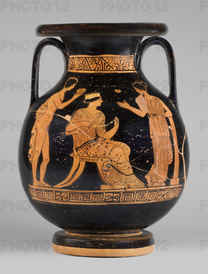 Red-figure pelike depicting a woman putting on a pearl necklace, c. 380 BC, Apulian. Southern Italic pottery in reddish-yellow clay. Pelike with a bulging belly, thick disc-shaped foot, and ribbon-like handles; edge and underside of foot show clay color. Neck decorated with band of straight and inverted palmettes in a zigzag; below scene a meander interrupted by horizontally filled rectangles. Scene A: woman seated on a klismos wearing a finely pleated chiton, diadem, and cloak wrapped around her hips and knees, holding a necklace; to her right a girl leans against a small column; behind her a naked youth with a cloak over his left arm holds a small disc or sphere in his right hand. Scene B: two youths in cloaks flank a stele with a base seen in perspective, a wreath above the stele. Vessel type: pelike; height 29.3 cm, width 21.5 cm.