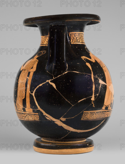 Red-figure pelike depicting a woman putting on a pearl necklace; Southern Italic (Apulian) pottery, reddish-yellow clay, c. 380 BC. Pelike with a bulging belly, thick disc-shaped foot, and ribbon-like handles; foot edge and underside the color of clay. Around the neck: band of straight and inverted palmettes inscribed in a zigzag. Below the belly scene: a meander interrupted by horizontally filled rectangles. WQXBCFS
I:\nmw crop ready cleaned\ WQXBCFS
I:\nmw crop ready cleaned\A: A woman seated on a klismos holding a necklace, wearing a finely pleated chiton with a cloak wrapped around her hips and knees, and a diadem; to her right a standing girl leans against a small column; behind her a nude youth with a cloak over his left arm holds a small disc or sphere in his right hand. WQXBCFS
I:\nmw crop ready cleaned\ WQXBCFS
I:\nmw crop ready cleaned\B: Two youths in cloaks flank a stele with a base seen in perspective; a wreath above the stele. WQXBCFS
I:\nmw crop ready cleaned\ WQXBC...