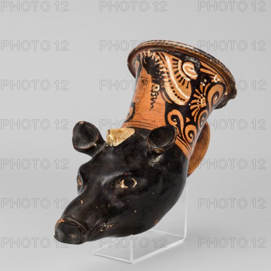 Red-figure rhyton in the shape of a boar's head, Stoke-on-Trent Group (c. 300 BC). Southern Italic (Apulian) pottery: rhyton vessel in the form of a boar's head with a woman's head on the neck, 2nd half of the 4th century BC (dating before the 2019 revision: 330–310 BC). Dimensions: height 12.2 cm, width 22.5 cm, depth 10 cm, weight 0.42 kg.