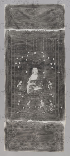 Vipassi Buddha, Knothe, Jerzy (1917–2002), graphic print, Tibetan Buddhist art, Chinese, Chinese art, Buddhism, Chinese Buddhism; depicts Vipassi (Pali), the twenty-second of twenty-eight Buddhas described in Chapter 27 of the Buddhava?sa (a text of the Khuddaka Nikaya in the Sutta Pi?aka of the Pali Canon); dragon with pearl, inscriptions, lotus throne, peaches, lotuses, vajras; early 20th century, China; height 171.0 cm, width 70.0 cm.