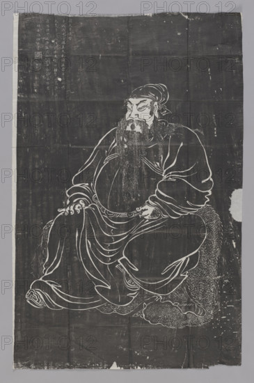 Portrait of Guan Yu; graphic print by Witold Jablonski (1901–1957); subject: Guan Yu (Guan Di) (d. 219); Chinese art, Qing dynasty (1644–1911), Kangxi period (1662–1722) influences; genres: portraits, generals; features: inscriptions, animal skins, depiction of an old man; early 20th century, China; dimensions: height 107.0 cm, width 50.0 cm.
