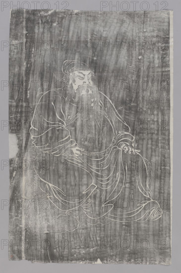 Portrait of Guan Yu, graphic artist Jablonski, Witold (1901–1957); Chinese art, Qing (1644–1911), Kangxi (1662–1722); graphic print; portrait of the general Guan Yu (Guan Di) (d. 219); inscriptions; depiction includes animal skins and an old man; early 20th century, China; dimensions: height 107.0 cm, width 50.0 cm