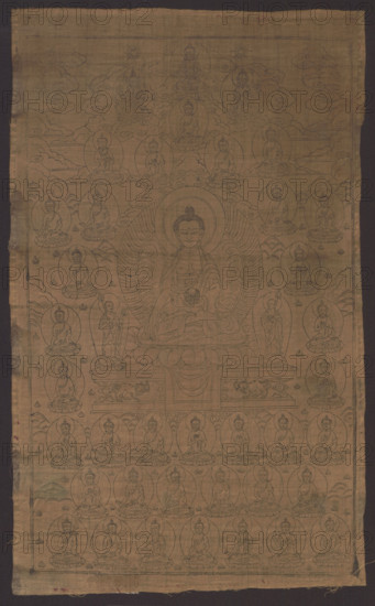 Buddha with an alms bowl, graphic artist, Tibetan Buddhist art, Tibetan, Buddha (iconographic), bowls, ushnisha, bodhisattva (iconographic), lotus throne (iconographic), tiger (symbol), lion (iconographic), clouds. Buddha in the center on a lotus throne with an architectural base; next to the Buddha are two disciples. The entire triad on a common throne surrounded by 1,000 figures of Bodhisattvas. Print on raw silk fabric. 19th century, Tibet. Height 46.5 cm, width 27.5 cm.