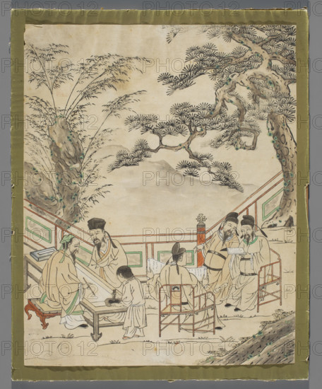 A meeting of scholars in a gazebo, graphic artist, repossession, Chinese art, Chinese, garden gazebos, 19th century, China, graphic print, height 36.6 cm, width 29.3 cm