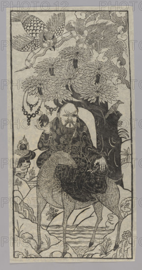 Laozi on a Deer; Chinese graphic print; 20th century China; depicts Laozi (ca. 550–500 BCE) on a deer, with dragons, pine trees, phoenixes, peaches, old men/sages, snakes, and pearls (iconographic); height 105.2 cm, width 52.4 cm; graphic artist: Minc, Bronislaw (1913–2004); Kawenoki-Minc, Elzbieta (1910–2008).