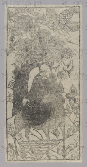 Laozi on a deer; graphic artist Minc, Bronislaw (1913–2004) and Kawenoki-Minc, Elzbieta (1910–2008); Chinese subject Laozi (ca. 550–500 BC) depicted with a deer; iconography includes dragons, pine trees, phoenixes, peaches, old men/sages, snakes, pearls; 20th century, China; graphic print; height 105.2 cm, width 52.4 cm