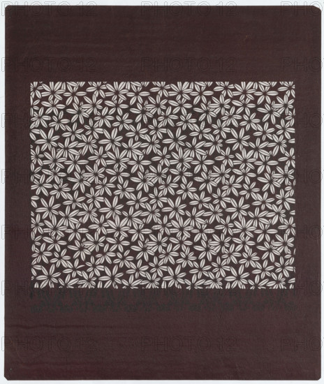 Ise katagami dyeing stencil - flowers (hana), Ôsugi, Ishimi (1936- ), author, floral (ornament), stencils, Japanese art, visual documentation, Japanese, Showa (1926–1989), 1980 (Showa 55), Japan, stencil, height 45.0 cm, width 53.5 cm, A rectangular dark brown surface with a centered lighter square area filled with a repeating floral pattern; the floral elements are light beige or off-white petals arranged in clustered flower shapes, creating a dense lattice against the brown background.