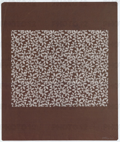 Ise katagami dyeing stencil - flowers (hana), Ôsugi, Ishimi (1936- ), author, floral (ornament), stencils, Japanese art, visual documentation, Japanese, Showa (1926–1989), 1980 (Showa 55), Japan, stencil, height 45.0 cm, width 53.5 cm, A square sheet with a brown background fills the image, featuring a centered rectangular area composed of a dense repeating floral pattern made up of white petal-shaped cutouts that reveal a lighter surface beneath; the petals form a grid-like arrangement of flower motifs, and the brown around the patterned rectangle is solid with subtle texture and slight corner wear.