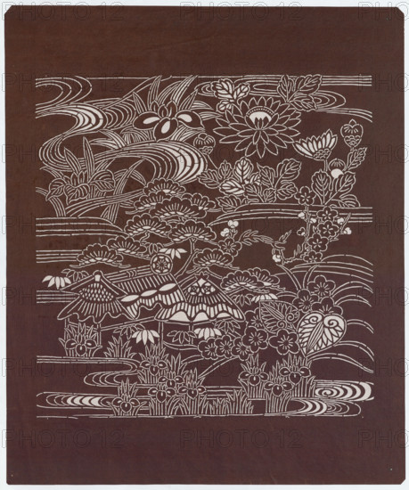 Ise katagami dyeing stencil - landscape with a house by the water, pine tree, irises, chrysanthemums and hollyhocks (ryusui minka), Osugi workshop, chrysanthemums, irises, hollyhocks, Ishimi (1936- ), pine trees, Japanese art, stencils, landscape motifs, Japanese, aoi (hollyhock), Showa (1926–1989), 1950 (Showa 25), Japan, stencil, height 44.5 cm, width 53.5 cm, The image shows a decorative scene rendered in a dark brown background with light beige line work forming the design; it features a stylized landscape of flowing water lines, curved waves, and ripples, along with a variety of botanical elements including a few large lotus-like flowers, several layered floral clusters, and groups of leaves with detailed veins; there are also a few rounded, umbrella-shaped structures that resemble small thatched roofs surrounded by grasses and stylized plants, and several clumps of tall grass and reed-like plants near the lower edge; the composition is filled with intricate repeating patterns of ...