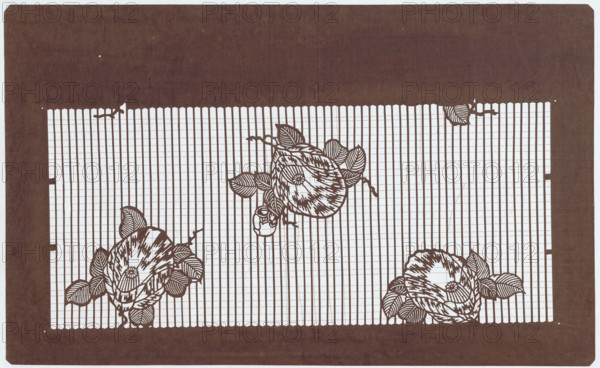 Ise-katagami dyeing stencil; pattern — vertical stripes and camellia flowers on the background; Ôsugi (author), camellias, floral ornament; Japanese, 1850; stencil; height 25.2 cm, width 41.0 cm