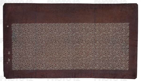 Katagami dyeing stencil, komon type; pattern of fan motifs and stylized snowflakes; stencils; Japanese art; late 20th century, Japan; stencil; height 24.0 cm, width 43.0 cm