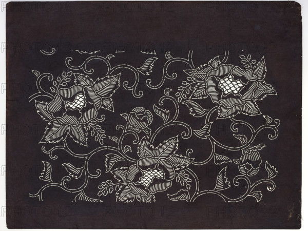 Katagami dyeing stencil for bedding decoration; pattern: karakusa tendril with large peony flowers; karakusa (pattern), flowers; Japanese katagami stencil; 20th century, Japan; height 32.0 cm, width 41.5 cm