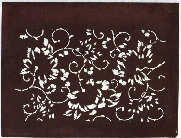 Katagami dyeing stencil, pattern for a yukata; stylized karakusa tendril pattern (karakusa), author unknown; stencil, Japanese, late 20th century, Japan; height 31.8 cm, width 41.8 cm