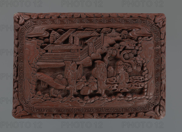 Box with a lid; Chinese art; figurative scenes; landscape motifs; Qing dynasty (1644–1911); pines; meander ornament; leiwen ornament; flowers; floral ornament; geometric ornament; 19th/20th century; China; box; height 6.0 cm; width 9.85 cm; depth 14.2 cm WQXBCFS