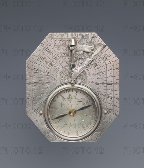 Pocket sundial with compass by Michael Butterfield (1635–1724), octagonal, engraved on both sides, with names of French and European cities inscribed on the underside with their longitudes. Signed 'Butterfield / Paris.' On the underside: a decharge mark for very small items of the lessee Étienne Ridereau (lily flower in a rhombus) struck 29 VII 1684 to 1 X 1687. Date: 1684–1687. Place: Paris, France. Function: measuring instrument (height 11.2 cm; width 8.2 cm).