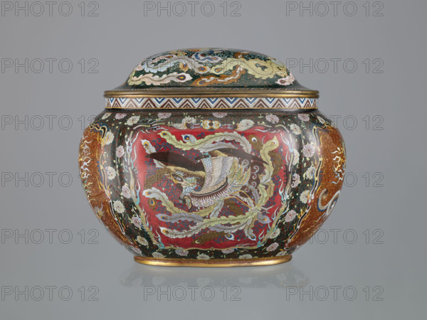 Vase with cover, Japanese, Meiji period (late 19th century, 1868–1912); cloisonné enamel; decorated with phoenix (hoo), dragons, flowers, plant and geometric ornaments; vessel; height 6.0 cm, width 26.0 cm, depth 19.5 cm.