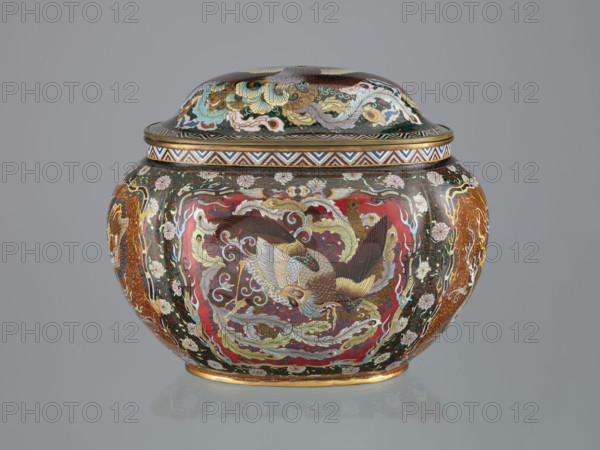Vase with cover; Japanese; Meiji period (late 19th century, 1868–1912); cloisonné (enamel); motifs: hoo (phoenix), flowers, plant ornaments, geometric ornament, dragons, Japanese dragon; vessel; height 6.0 cm, width 26.0 cm, depth 19.5 cm.