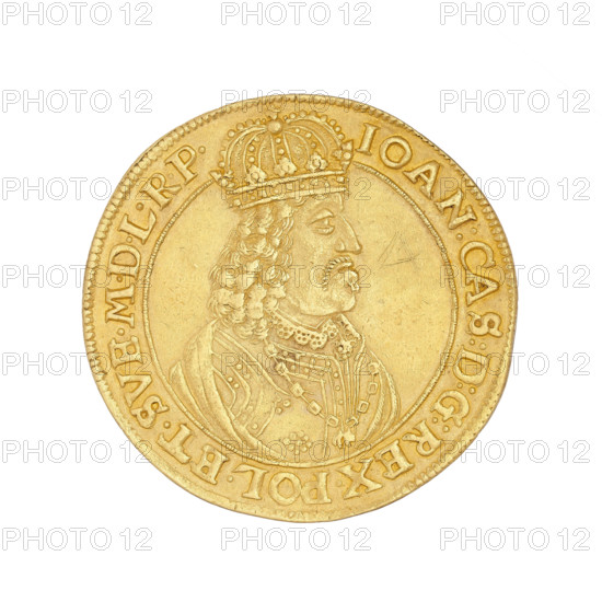 Torun donative — 4 ducats by Hans Dawid Lauer (active 1649–1669), 1659. Gold coin (weight 13.85 g). Obverse: in the circumference a crowned bust of John II Casimir Vasa (King of Poland; 1609–1672) turned to the right; in the rim an inscription divided at the top by a crown: IOAN:CAS:D:G:REX.POL.ET.SVE.MDLRP. Reverse: in the perimeter a view of Torun, at the top the city coat of arms held by angels, at the bottom the year and letters: 1659, in the rim an inscription divided at the top by a triangle with an asterisk: *EX AVRO.SOLIDO.CIVIT:THORVNENS:FIERI.F.